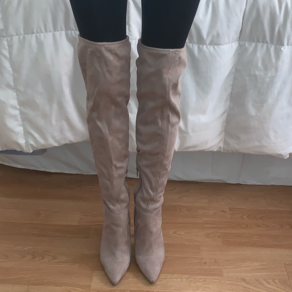 Light Grey Suade Over the Knee Boots - Picture 3 of 5